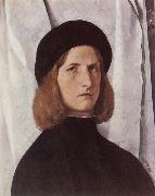 Portrat of a young man before a woman curtain Lorenzo Lotto